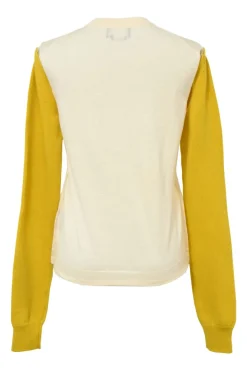 Cream and yellow convertible crewneck sweater with detachable sleeves