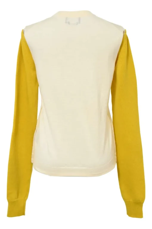 Cream and yellow convertible crewneck sweater with detachable sleeves