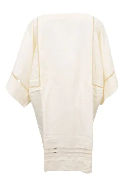 Cream bias-cut paneled linen-blend tunic shift featuring bateau neck, kimono sleeves, and cutout edge trim appliqué