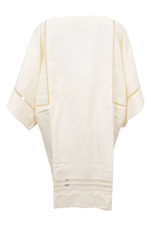 Cream bias-cut paneled linen-blend tunic shift featuring bateau neck, kimono sleeves, and cutout edge trim appliqué