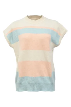 Cream, blue, and coral cashmere striped jersey cap sleeve pullover knit top