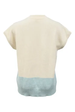 Cream, blue, and coral cashmere striped jersey cap sleeve pullover knit top