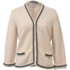 Cream cashmere knit open-front cardigan with contrasting tricolour rope trim