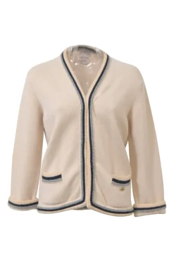 Cream cashmere knit open-front cardigan with contrasting tricolour rope trim