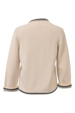 Cream cashmere knit open-front cardigan with contrasting tricolour rope trim