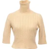 Cream cashmere-blend cable knit cropped turtleneck sweater with half sleeves