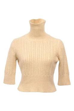 Cream cashmere-blend cable knit cropped turtleneck sweater with half sleeves