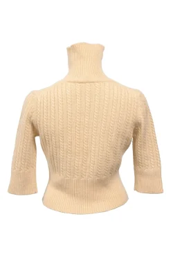 Cream cashmere-blend cable knit cropped turtleneck sweater with half sleeves