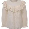 Cream cotton broderie Anglaise button-back long sleeve ruffled blouse
