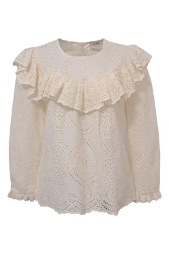 Cream cotton broderie Anglaise button-back long sleeve ruffled blouse