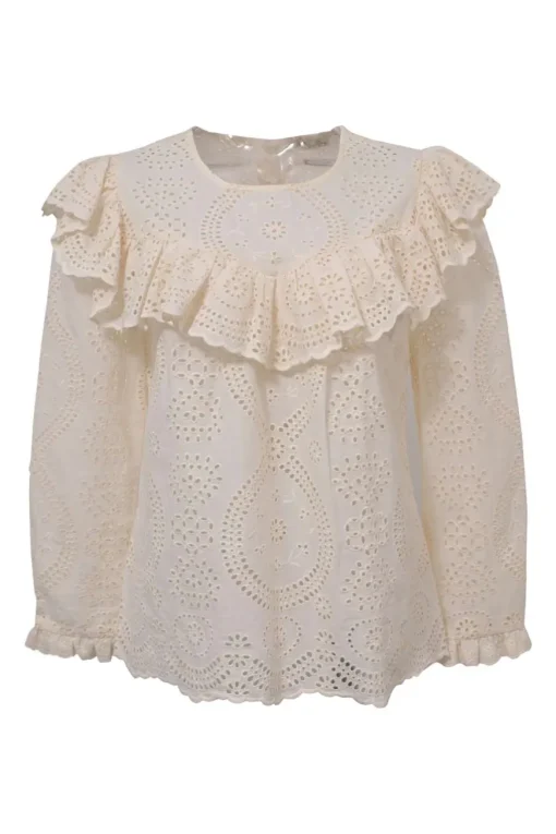 Cream cotton broderie Anglaise button-back long sleeve ruffled blouse