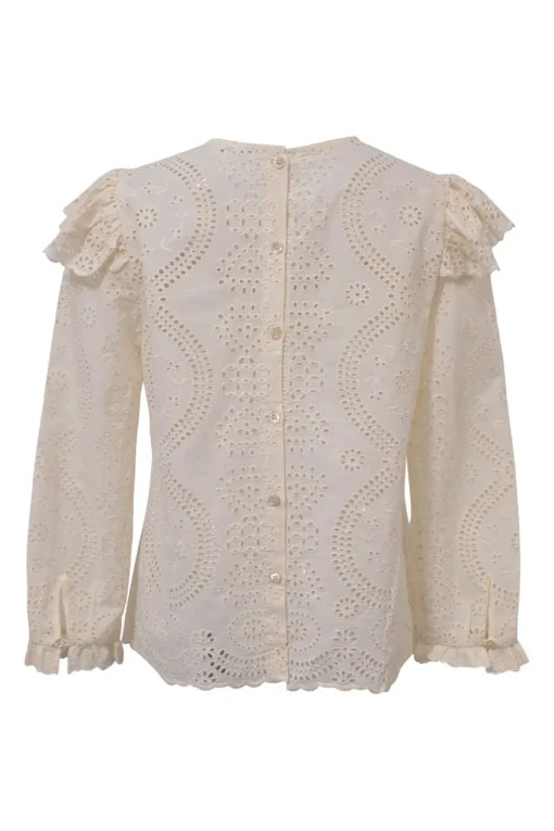 Cream cotton broderie Anglaise button-back long sleeve ruffled blouse