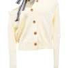 Cream cotton knit asymmetrical ribbon-tie neck cardigan