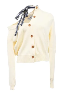 Cream cotton knit asymmetrical ribbon-tie neck cardigan