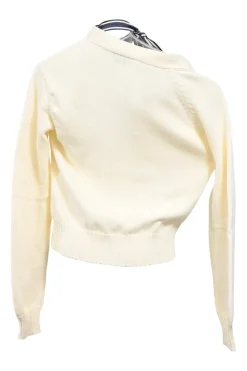 Cream cotton knit asymmetrical ribbon-tie neck cardigan