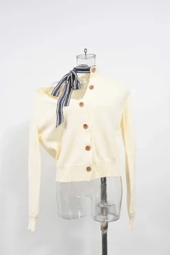 Cream cotton knit asymmetrical ribbon-tie neck cardigan