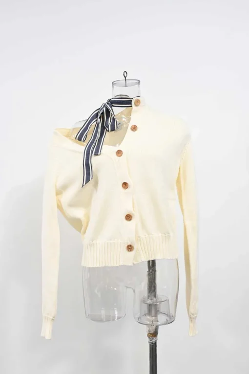 Cream cotton knit asymmetrical ribbon-tie neck cardigan