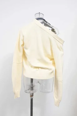 Cream cotton knit asymmetrical ribbon-tie neck cardigan