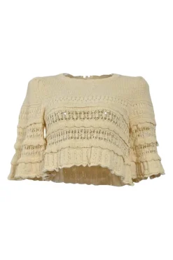Cream cotton-blend cropped swing-style scallop tiered pointelle top