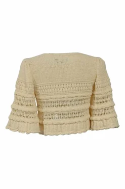 Cream cotton-blend cropped swing-style scallop tiered pointelle top