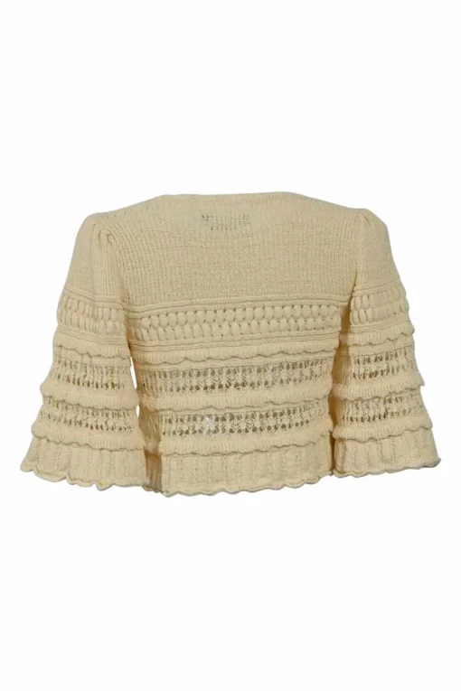 Cream cotton-blend cropped swing-style scallop tiered pointelle top