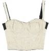 Cream cotton-blend floral lace zip-up bustier with adjustable straps and corset-style interior boning