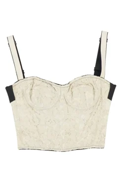 Cream cotton-blend floral lace zip-up bustier with adjustable straps and corset-style interior boning