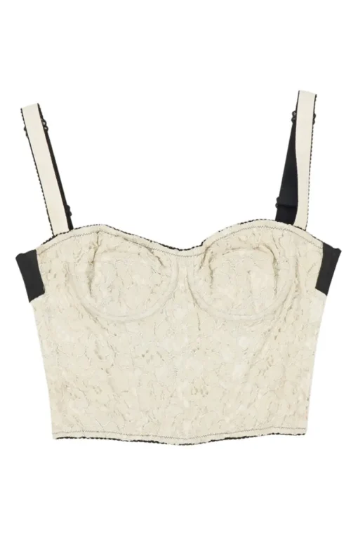 Cream cotton-blend floral lace zip-up bustier with adjustable straps and corset-style interior boning