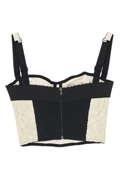 Cream cotton-blend floral lace zip-up bustier with adjustable straps and corset-style interior boning