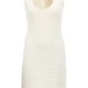 Cream cotton-blend open knit slip dress with loop fringe hem detailing