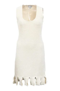 Cream cotton-blend open knit slip dress with loop fringe hem detailing