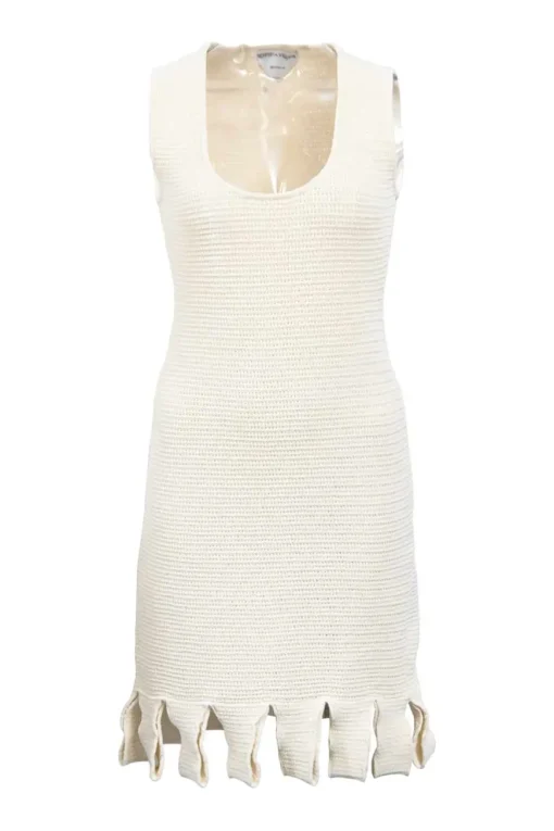 Cream cotton-blend open knit slip dress with loop fringe hem detailing