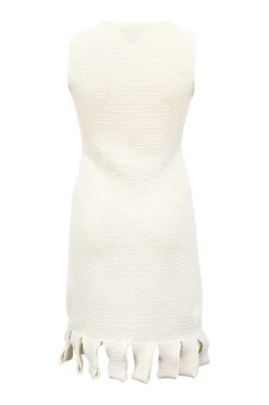 Cream cotton-blend open knit slip dress with loop fringe hem detailing