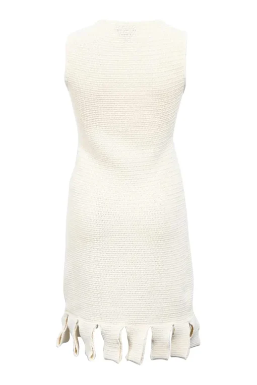 Cream cotton-blend open knit slip dress with loop fringe hem detailing