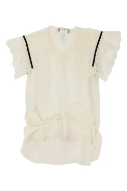 Cream cotton-silk plumette tulle spread collar pullover button-front tie-waist peplum top with flutter sleeves