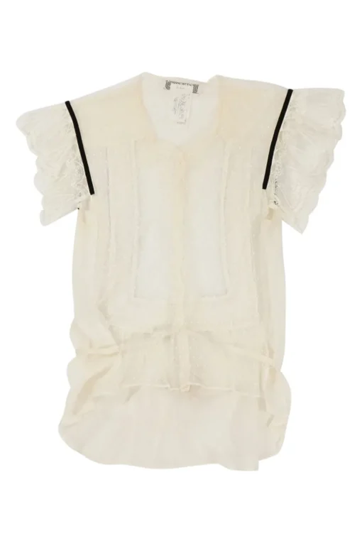 Cream cotton-silk plumette tulle spread collar pullover button-front tie-waist peplum top with flutter sleeves