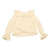 Cream draped polyester crêpe round collar bateau neck swing-style blouse with flounce cuffs