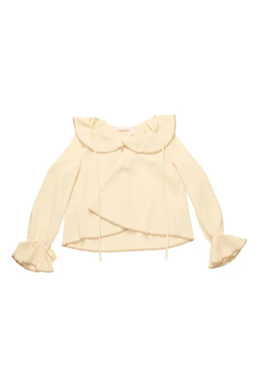 Cream draped polyester crêpe round collar bateau neck swing-style blouse with flounce cuffs