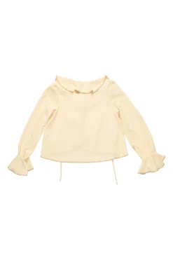 Cream draped polyester crêpe round collar bateau neck swing-style blouse with flounce cuffs