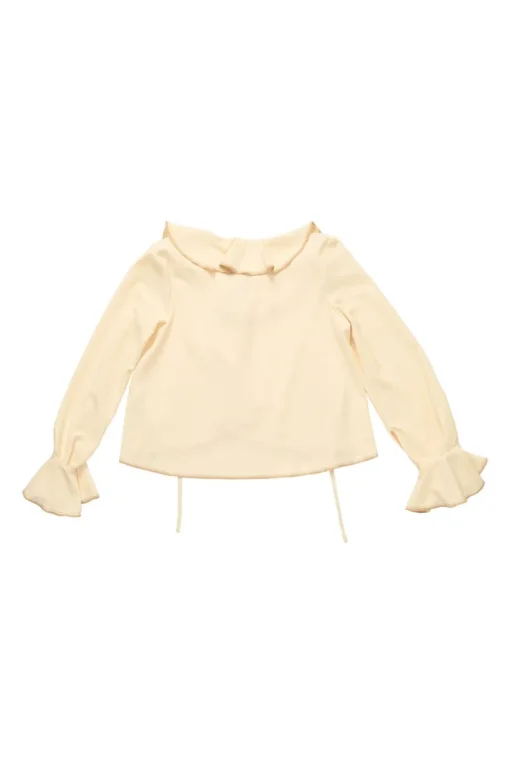 Cream draped polyester crêpe round collar bateau neck swing-style blouse with flounce cuffs