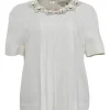 Cream embellished acetate-blend short sleeve pleated blouse