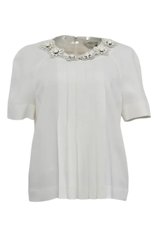 Cream embellished acetate-blend short sleeve pleated blouse