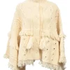 Cream embellished wool fringe Aran knit cape cardigan with concealed placket