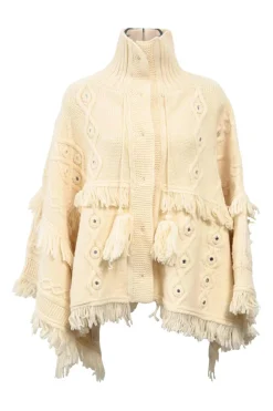 Cream embellished wool fringe Aran knit cape cardigan with concealed placket