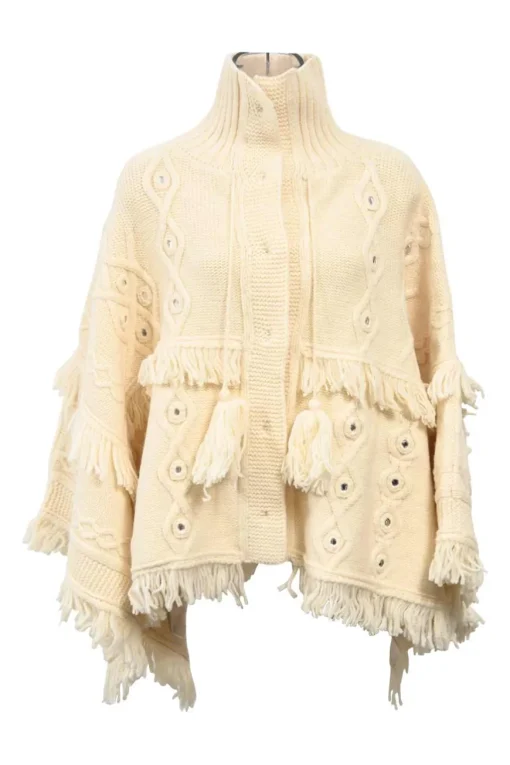 Cream embellished wool fringe Aran knit cape cardigan with concealed placket