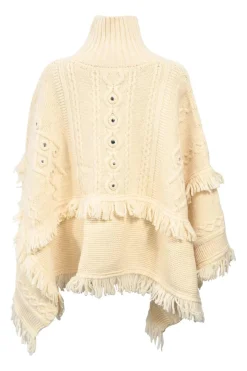 Cream embellished wool fringe Aran knit cape cardigan with concealed placket