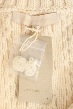 Cream embellished wool fringe Aran knit cape cardigan with concealed placket