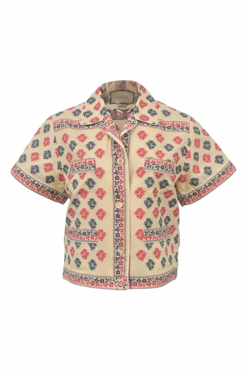 Cream floral cotton-blend jacquard short-sleeve Cuban shirt with patch pocket detailing
