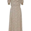 Cream floral print puff sleeve sweetheart midi A-line dress