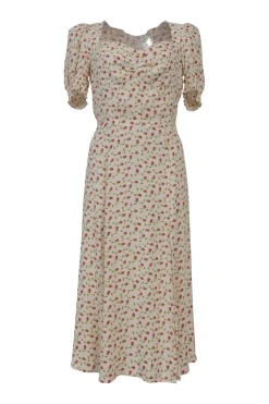 Cream floral print puff sleeve sweetheart midi A-line dress